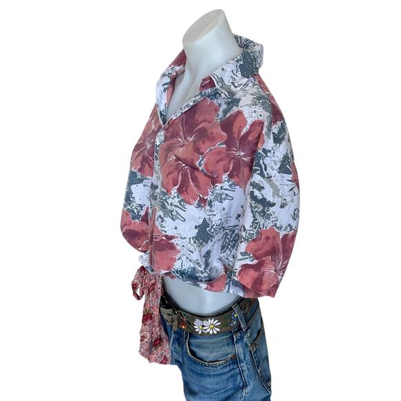 Hawaiian Shirt Tropical Button Down Crop Top One Size Oversized Hibiscus Unique - Picture 3 of 6